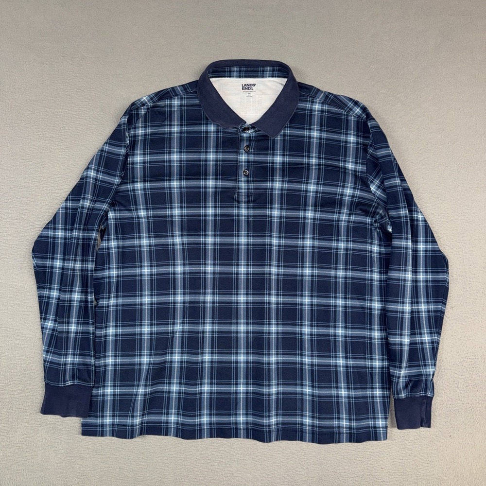 Lands End Polo Shirt Mens XXL 2XL Blue Plaid Traditional Fit Long Sleeve Button - Picture 2 of 10